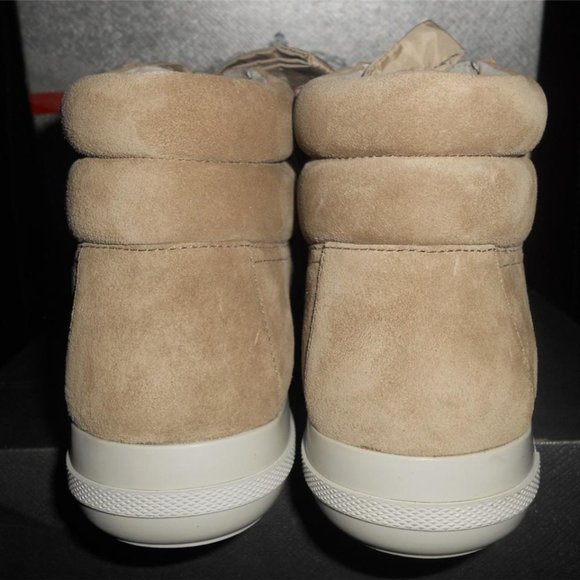 PRADA Beige Suede Ribbon High Top Metallic Cap Toe Lace Up Sneakers Shoes - Picture 8 of 14